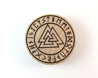 Viking Valknut with Icelandic Runes Laser Burned Wooden Magnet