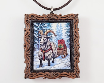 Yule Goat Pendant Necklace - Scandinavian Folklore Fabric Print Pendant
