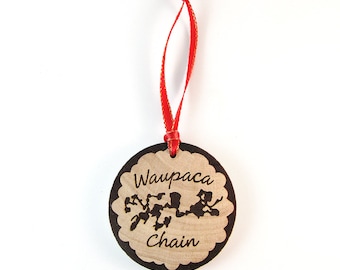 Waupaca Chain O' Lakes Laser Burned Wooden Christmas Ornament