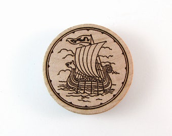 Norse Viking Ship Laser Burned Wooden Magnet