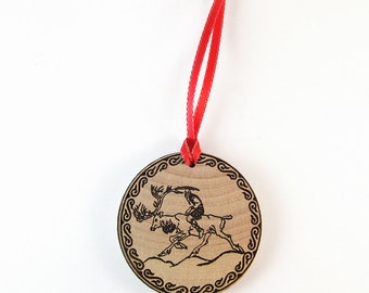 Scandinavian Sami Reindeer Laser Burned Wooden Christmas Ornament