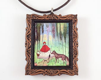 Red Riding Hood Wolf Necklace – Harry Clarke Fabric Art Pendant, Folklore Jewelry