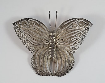 Vintage 1940s Mexican Silver Filigree Butterfly Brooch Large 4 Inch Cottagecore Statement Pin