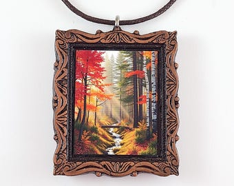 Autumn Creek Pendant Necklace - Fall Forest Fabric Art Print Pendant