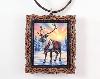 Lapland Reindeer Necklace - Arctic Sunrise Fabric Art Pendant