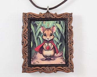 Mrs Brisby Secret of NIMH Fantasy Mouse Framed Pendant, Cottagecore Fabric Print Necklace