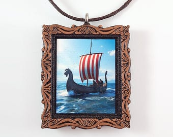 Viking Longship Necklace - Norse Mythology Miniature Fabric Art Pendant