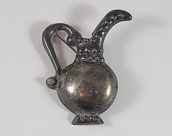 Vintage 1930s Mexican Silver Pitcher Brooch Taxco Repousse Pin Genuine Turquoise Accent