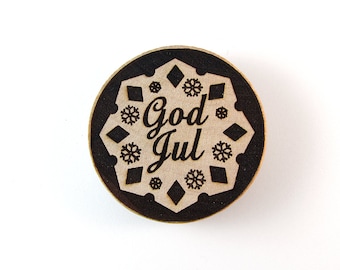 Swedish Snowflake God Jul (Merry Christmas) Laser Burned Wooden Magnet