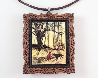 Little Red Riding Hood Necklace - Brothers Grimm Arthur Rackham Fairy Tale Fabric Art Pendant
