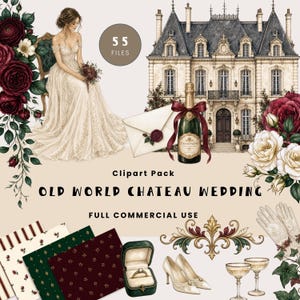 Op de afbeelding: Een digitaal clipartpakket met een illustratie van een persoon in een trouwjurk, een kasteel, een champagnefles met een bordeauxrood lint, een envelop met een waszegel, een ring in een groen doosje, witte hakken en bloemstukken.