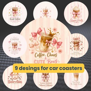 Coquette Iced Coffee Car Coaster PNG, Girly Car Accessoires  (Digital Download), Pink Bow Sublimation Design