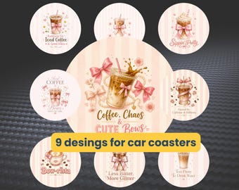 Coquette Iced Coffee Car Coaster PNG, Girly Car Accessoires  (Digital Download), Pink Bow Sublimation Design