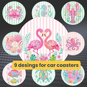 May include: Nine car coaster designs featuring watercolor illustrations of marine life. Designs include a crab with a pink bow, seahorse, lobster, seashells, two flamingos, an octopus, a fish, a turtle, and coral. The coasters have a striped background.