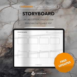 May include: A white digital tablet displaying a printable storyboard template with 6 frames. The template is titled "Storyboard" and has fields for "Story", "Scene", and "Date". The text "FREE UPDATES" is displayed in a yellow circle.