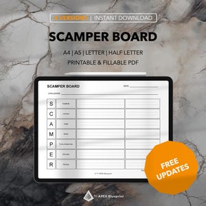 May include: A printable SCAMPER board template in digital format. The template is displayed on a tablet screen with a white background and black text. The template includes a section for a challenge, a date, and a grid with the letters SCAMPER listed down the side and various categories across the top. The template is available in A4, A5, Letter, and Half Letter sizes. The text "FREE UPDATES" is displayed in a circle on the right side of the screen.