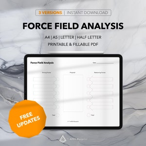 Puede incluir: Una tableta digital que muestra una plantilla de análisis de campo de fuerza imprimible. La plantilla está dividida en tres secciones: fuerzas impulsoras, propuestas y fuerzas de restricción. Cada sección tiene cinco líneas para enumerar los factores. La plantilla está etiquetada como "Análisis de campo de fuerza" e incluye un campo de fecha y un campo de total. La tableta está sobre una superficie de mármol gris y blanco. El texto "ACTUALIZACIONES GRATUITAS" está en un círculo naranja brillante.