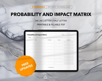 May include: A digital template for a probability and impact matrix. The template is displayed on a tablet screen and includes columns for project, risk, probability, impact, and weight. The template is available in four versions: A4, A5, Letter, and Half Letter. The template is printable and fillable.