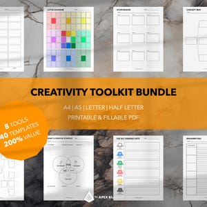 May include: A set of 8 printable creativity toolkit templates, including a mind map, a lotus diagram, a scamper board, a storyboard, a concept map, a brainstorming template, the six thinking hats, and a creative strategy template. The templates are in black and white and are designed to be filled in by hand. The text on the image reads "CREATIVITY TOOLKIT BUNDLE", "8 TOOLS", "40 TEMPLATES", "200% VALUE", "A4 | AS | LETTER | HALF LETTER", "PRINTABLE & FILLABLE PDF", and "THE APEX BLUEPRINT".