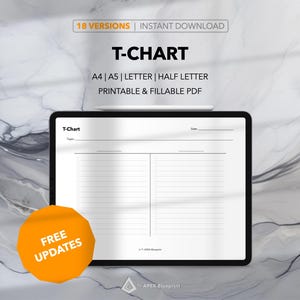 May include: A digital mockup of a printable T-Chart template on a tablet screen. The template is divided into two columns with lined sections for writing. The text "T-Chart" is at the top of the template. The text "FREE UPDATES" is in a yellow circle below the tablet.