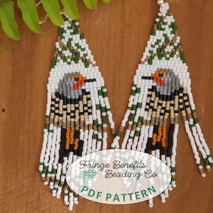 May include: A pair of beaded earrings with a bird design. The earrings are white with green, brown, and black accents. The earrings are fringed at the bottom. The earrings are labeled "Fringe Benefits Beading Co. PDF Pattern".