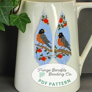 PDF BEADING PATTERN - American Robins in an Apple Tree Beaded Bird Fringe Bird Earrings - Asymmetrical Style