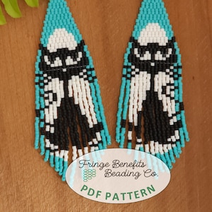 May include: A pair of turquoise, black, and white beaded earrings with fringe. The earrings are in the shape of a teardrop and have a geometric pattern. The earrings are labeled "Fringe Benefits Beading Co. PDF Pattern".