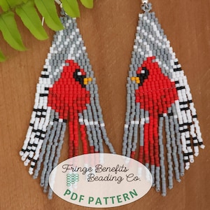 May include: Beaded earrings with a red cardinal design, grey and white fringe, and silver hooks. The earrings are labelled "Fringe Benefits Beading Co. PDF Pattern".