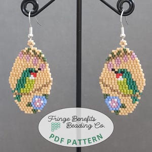 May include: A pair of beaded earrings with a beige background and a green bird design. The earrings are hanging from a black stand. The text "Fringe Benefits Beading Co. PDF PATTERN" is visible below the earrings.
