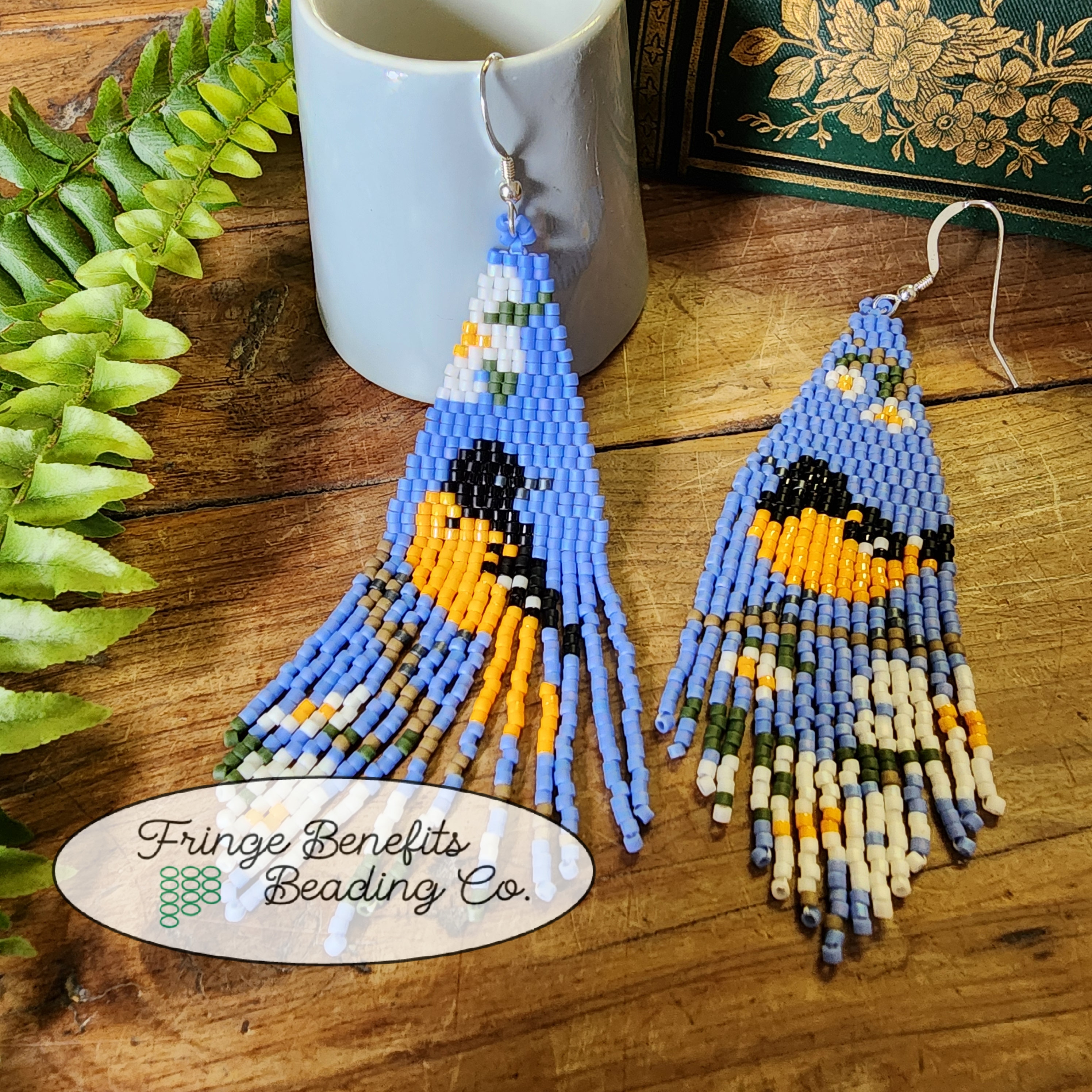 Birds Asymmetrical Baltimore Oriole Beaded Fringe Earrings by Fringe