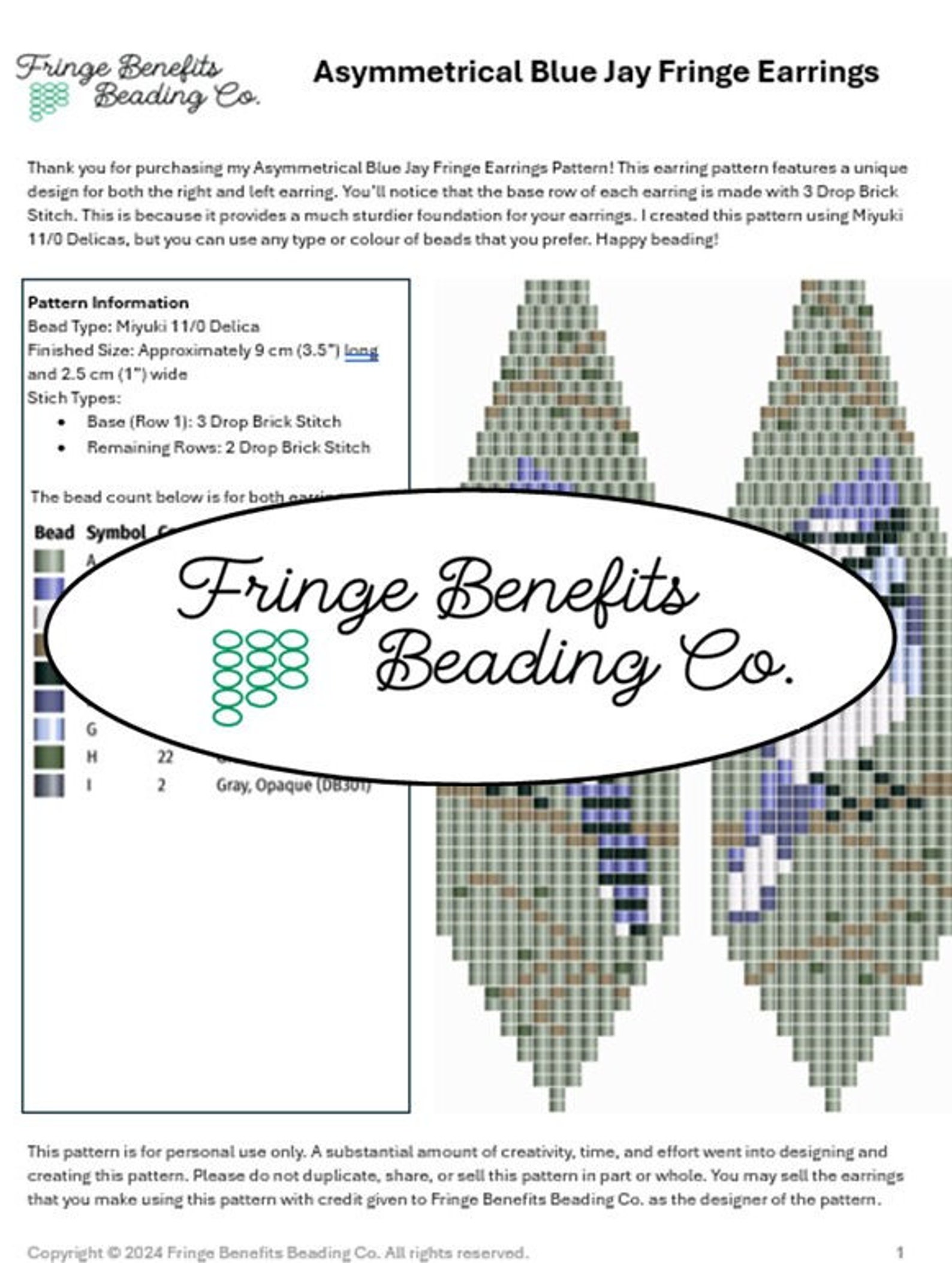 PDF BEADING PATTERN - Blue Jay Beaded Bird Fringe Earrings Pattern ...