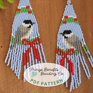 May include: A pair of blue, red, green, white, and gray beaded earrings with a fringe design. The earrings feature a small bird design. The earrings are labeled "Fringe Benefits Beading Co. PDF PATTERN".