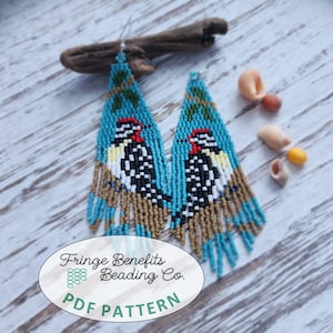 May include: Handmade beaded earrings with a bird design. The earrings are turquoise, black, white, red, and brown. The earrings have a fringe at the bottom. The earrings are made by Fringe Benefits Beading Co. and are a PDF pattern.