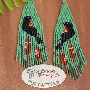 Puede incluir: Un par de pendientes de cuentas con un diseño de pájaro. Los pendientes son principalmente verdes con un pájaro negro, detalles rojos y amarillos, y detalles marrones y blancos. Los pendientes tienen una franja en la parte inferior. La imagen también incluye un logotipo que dice "Fringe Benefits Beading Co. PDF Pattern."