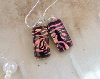 Pink Earrings, Black, Dichroic Glass Earrings, Glass Jewelry, Dangle, Sterling Silver, Handmade, A15