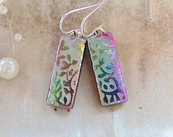 Pink Earrings, Green, Purple, Dichroic Earrings, Glass Earrings, Dangle, Sterling Silver, A6