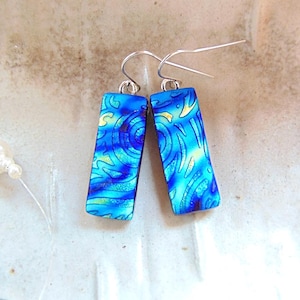 Blue Earrings, Gold, Green, Dichroic Earrings, Fused Glass Earrings, Dangle, Sterling Silver, A13