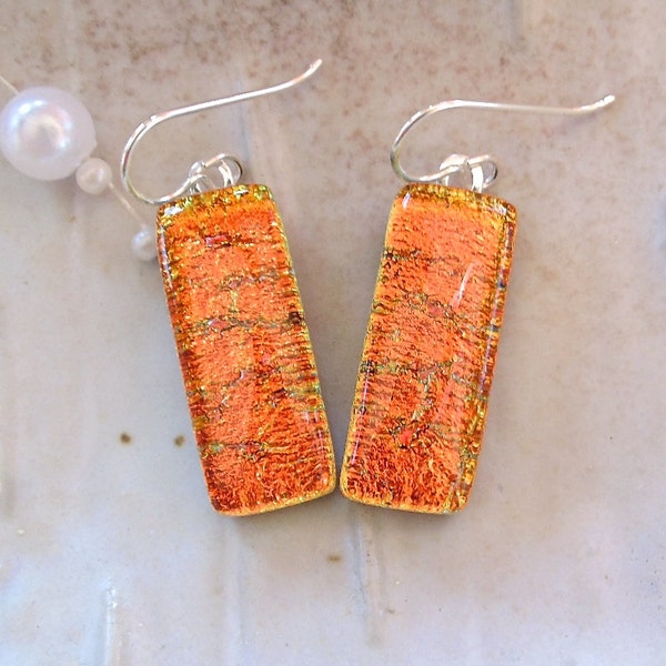 Orange Earrings, Dichroic Earrings, Glass Jewelry, Dangle, Sterling Silver, Gold, A12