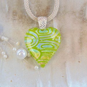 Heart Necklace, Fused Glass Jewelry, Green, Rainbow, Dichroic Heart Pendant, Necklace Included, A12