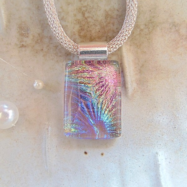 Pink Necklace, Blue, Rainbow, Violet, Petite, Dichroic Glass Pendant, Fused Glass Jewelry, Necklace Included, A12