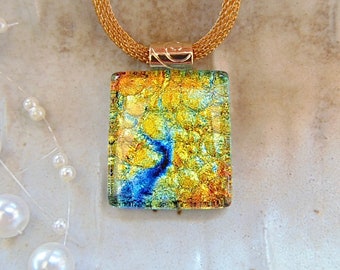 Gold Necklace, Orange, Blue, Green, Petite, Dichroic Pendant, Glass Pendant, Fused Glass Jewelry, Necklace Included, A5