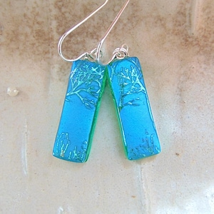 Blue Earrings, Green, Dichroic Earrings, Glass Earrings, Dangle, Handmade, Sterling Silver, A7