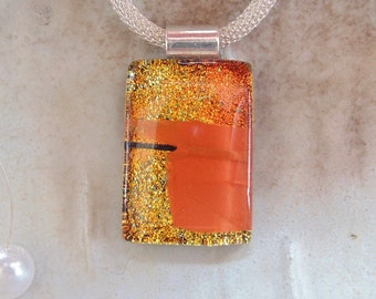 Orange Necklace, Gold, Petite, Dichroic Glass Pendant, Necklace, Fused Glass Jewelry, Necklace Included, Black, A12