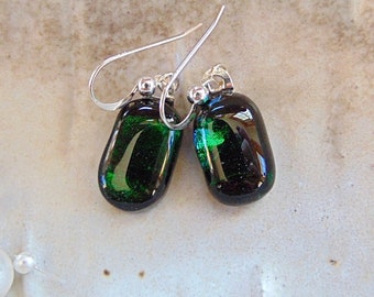 Green Earrings, Black, Petite, Dichroic Earrings, Glass Jewelry, Dangle, Fused Glass Earrings, Sterling Silver, A16