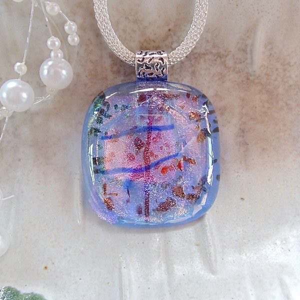 Blob Pendant, One of a Kind Necklace, Blue, Pink, Black, Dichroic Glass Pendant, Fused Glass Jewelry, Necklace Included, A6