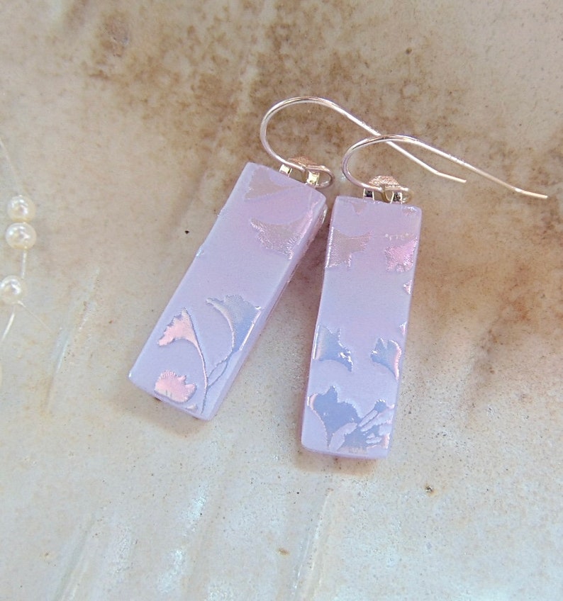 Lavender Earrings, Pink, Pastel, Dichroic Earrings, Fused Glass Earrings, Dangle, Sterling Silver, A12 image 2