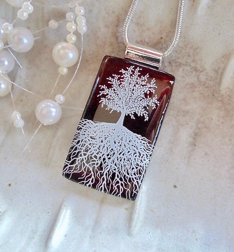 Black Amber White Dichroic Glass Pendant Fused Glass Jewelry Necklace Included Tree of Life Pendant A10