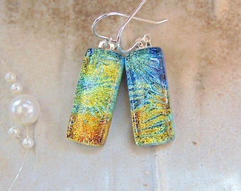 Gold Earrings, Green, Blue, Orange, Dichroic Earrings, Glass Earrings, Fused Jewelry, Dangle, Sterling Silver, A13