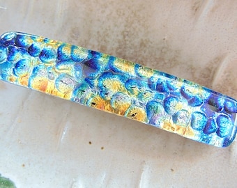 Medium Dichroic Glass Barrette, Blue, Gold, Green, French Made Barrette Clip