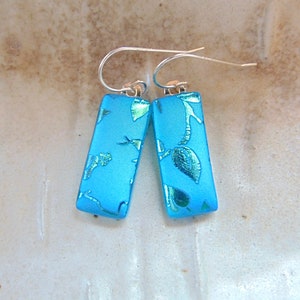 Blue Earrings, Green, Dichroic Earrings, Glass Earrings, Dangle, Handmade, Fused Glass Earrings, Sterling Silver, A1